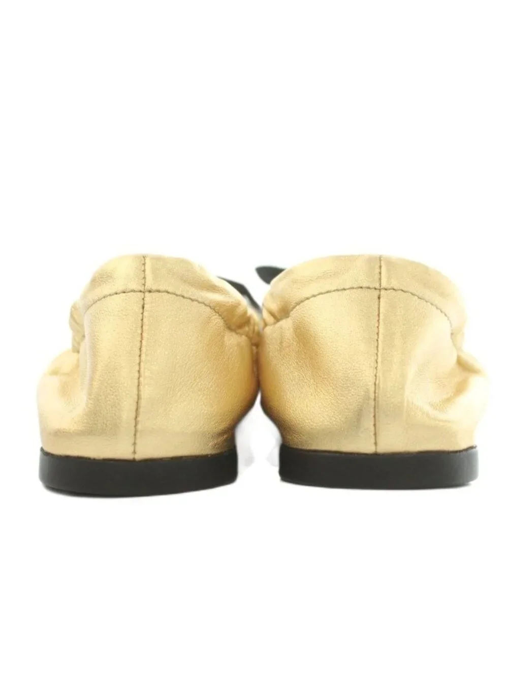 Prada Mordre Leather Flat Shoes Ballet Ribbon Round Toe Gold Color Black BB